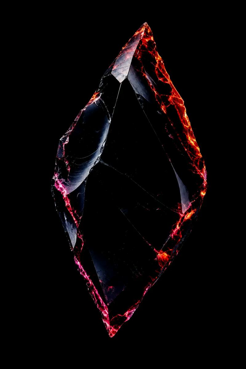 Polished obsidian shard with molten ember-to-magenta light refracting through its facets